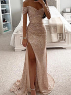 Vestido de Noche Largo de Lentejuelas sin Hombros para Mujeres con Abertura – Wensilian