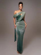 Vestido Largo Esculpido de Una Sola Manga para Mujer Luxe Formal de Boda Gala de Noche Elegante – Agatha