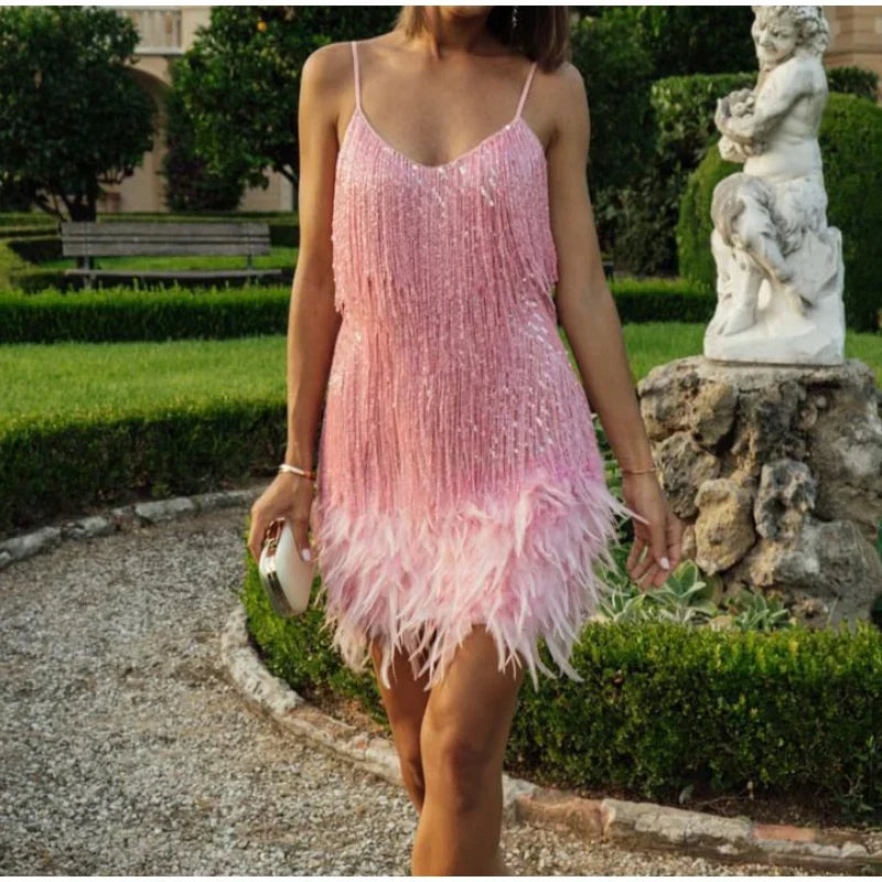 Vestido Mini Elegante de Lentejuelas con Plumas Rosas, Tirantes de Espagueti, Glamour para Cóctel, Noche de Fiesta