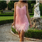 Vestido Mini Elegante de Lentejuelas con Plumas Rosas, Tirantes de Espagueti, Glamour para Cóctel, Noche de Fiesta