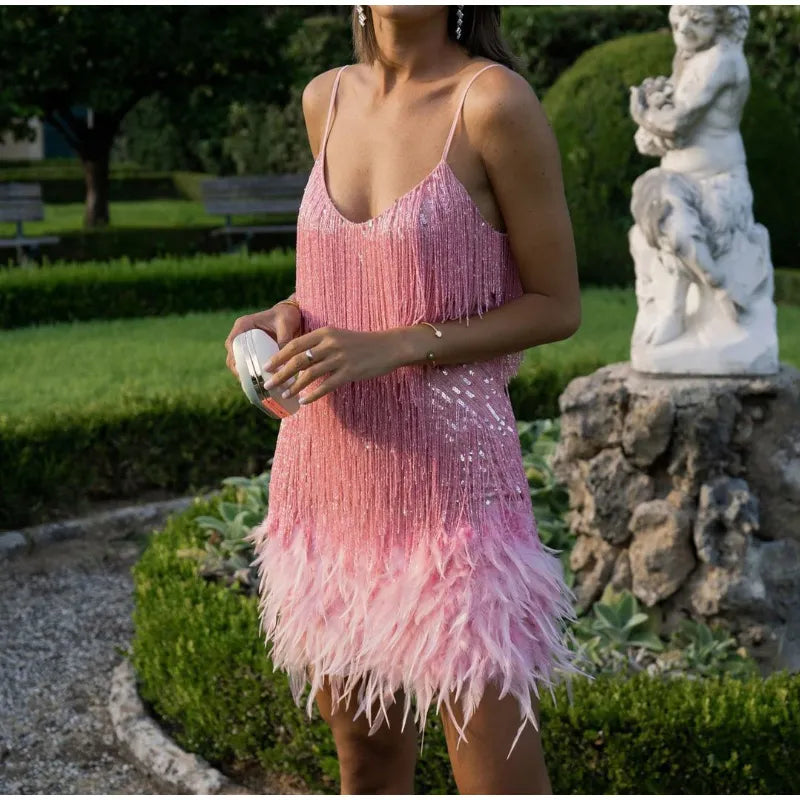 Vestido Mini Elegante de Lentejuelas con Plumas Rosas, Tirantes de Espagueti, Glamour para Cóctel, Noche de Fiesta