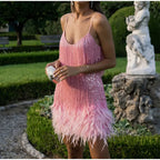 Vestido Mini Elegante de Lentejuelas con Plumas Rosas, Tirantes de Espagueti, Glamour para Cóctel, Noche de Fiesta