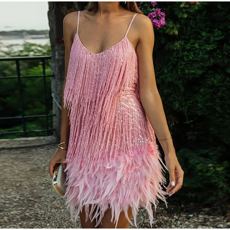 Vestido Mini Elegante de Lentejuelas con Plumas Rosas, Tirantes de Espagueti, Glamour para Cóctel, Noche de Fiesta