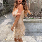 Vestido Mini Elegante de Lentejuelas con Plumas Rosas, Tirantes de Espagueti, Glamour para Cóctel, Noche de Fiesta