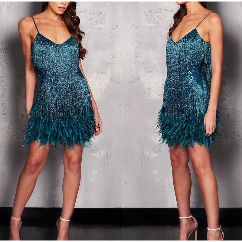 Vestido Mini Elegante de Lentejuelas con Plumas Rosas, Tirantes de Espagueti, Glamour para Cóctel, Noche de Fiesta