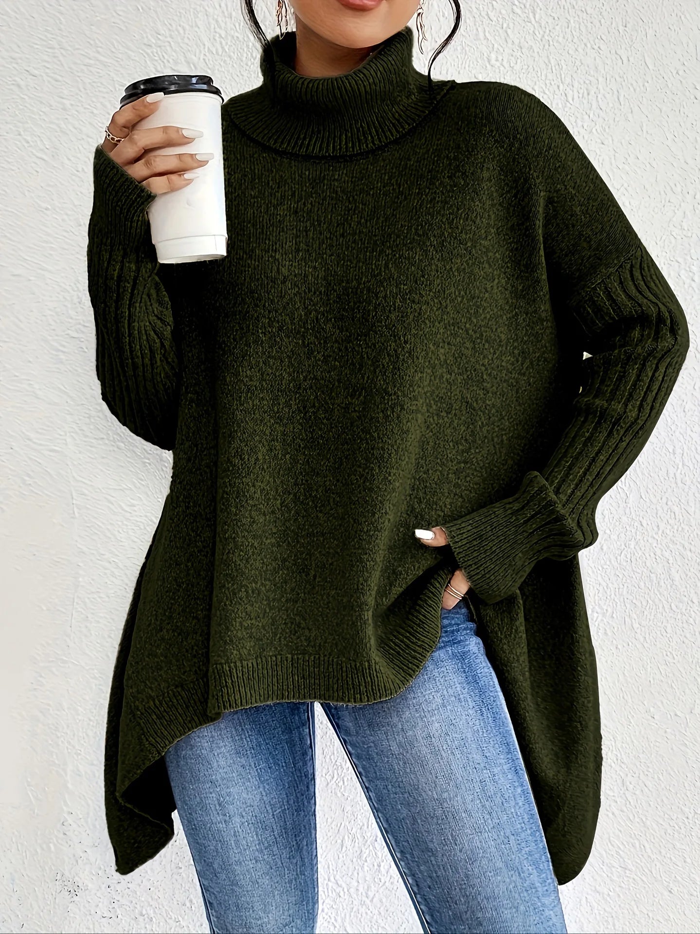 Suéter de Cachemira de Cuello Alto Oversized para Mujer, Suelto, Cálido, Suave, Tejido Casual para el Invierno – Ella
