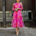 Vestido Midi Floral para Invitadas de Boda con Mangas Largas Transparentes, Fluido, Romántico, Elegante y Formal
