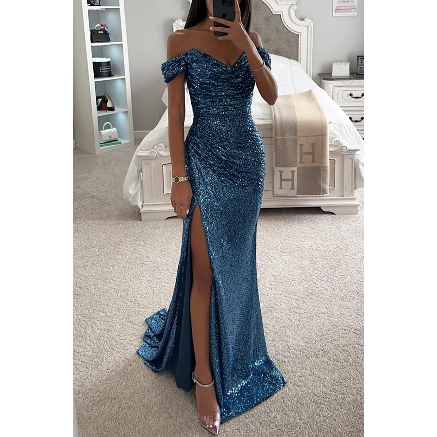 Vestido de Noche Largo de Lentejuelas sin Hombros para Mujeres con Abertura – Wensilian