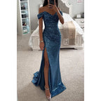 Vestido de Noche Largo de Lentejuelas sin Hombros para Mujeres con Abertura – Wensilian