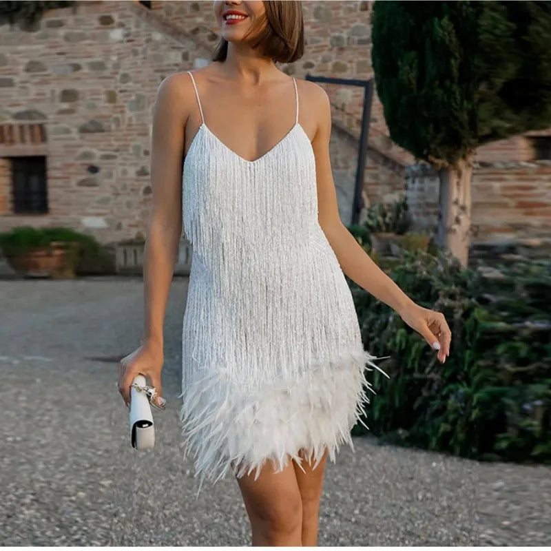 Vestido Mini Elegante de Lentejuelas con Plumas Rosas, Tirantes de Espagueti, Glamour para Cóctel, Noche de Fiesta