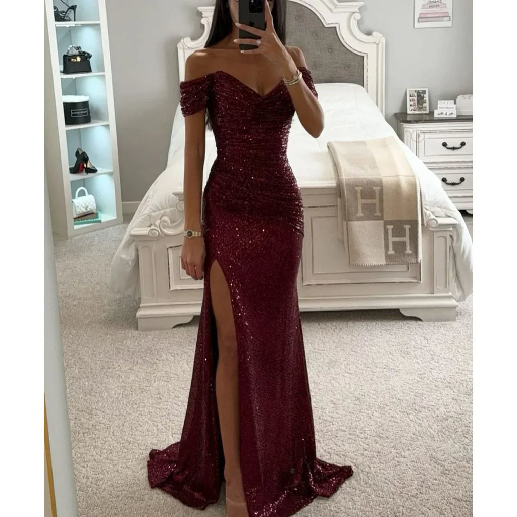 Vestido de Noche Largo de Lentejuelas sin Hombros para Mujeres con Abertura – Wensilian