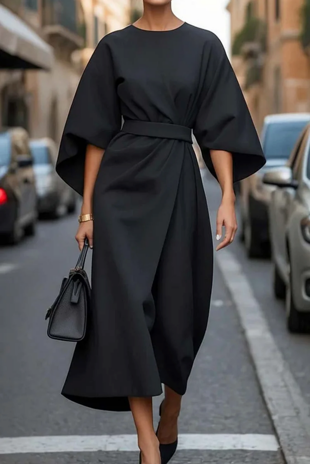 Vestido Midi Formal Elegante de Manga Farol para Mujeres con Cinturón para Invitadas de Boda y Ocasiones – Grace