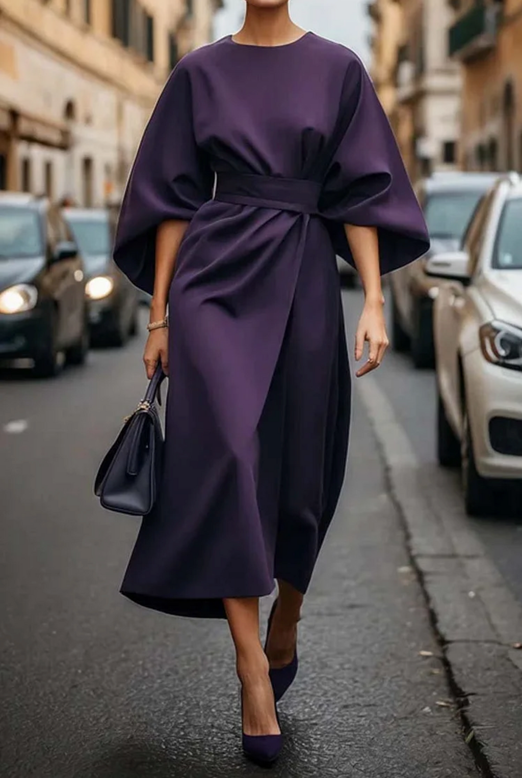 Vestido Midi Formal Elegante de Manga Farol para Mujeres con Cinturón para Invitadas de Boda y Ocasiones – Grace