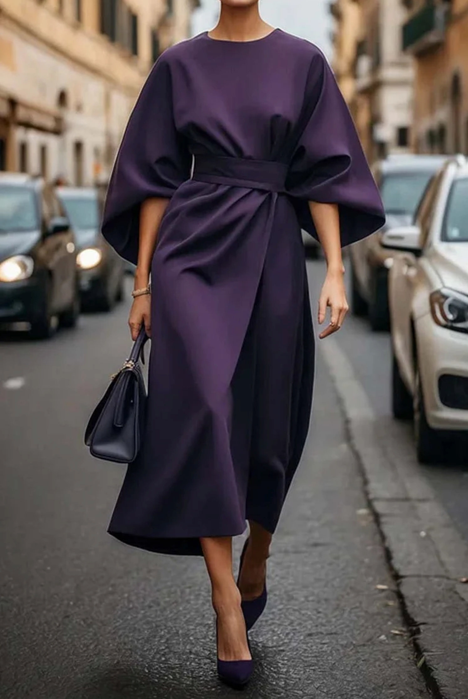 Vestido Midi Formal Elegante de Manga Farol para Mujeres con Cinturón para Invitadas de Boda y Ocasiones – Grace