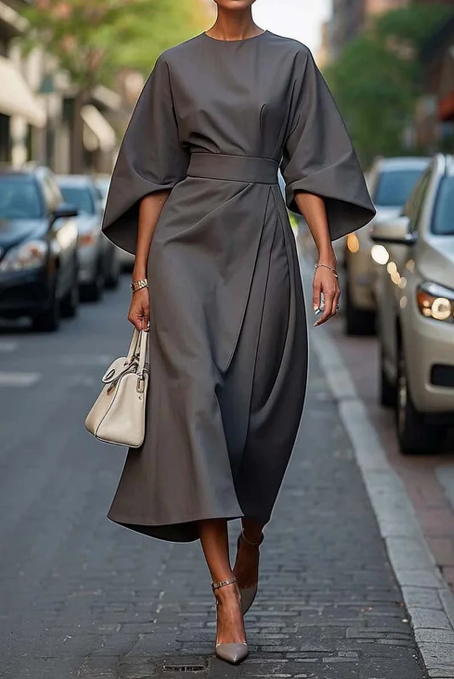 Vestido Midi Formal Elegante de Manga Farol para Mujeres con Cinturón para Invitadas de Boda y Ocasiones – Grace