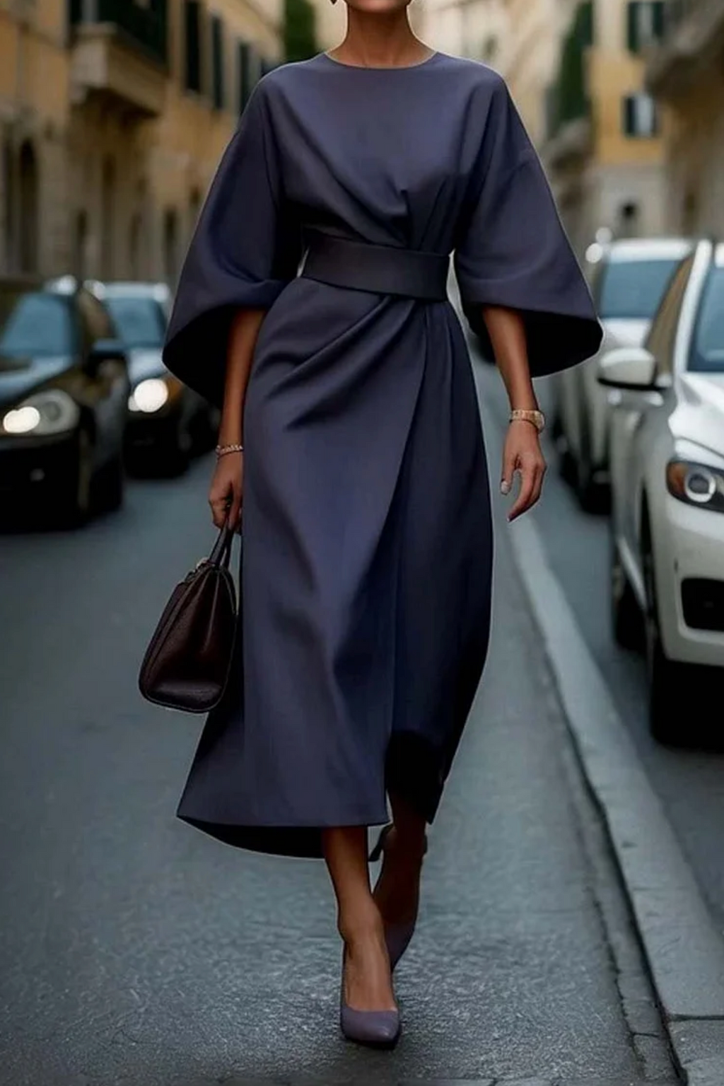 Vestido Midi Formal Elegante de Manga Farol para Mujeres con Cinturón para Invitadas de Boda y Ocasiones – Grace