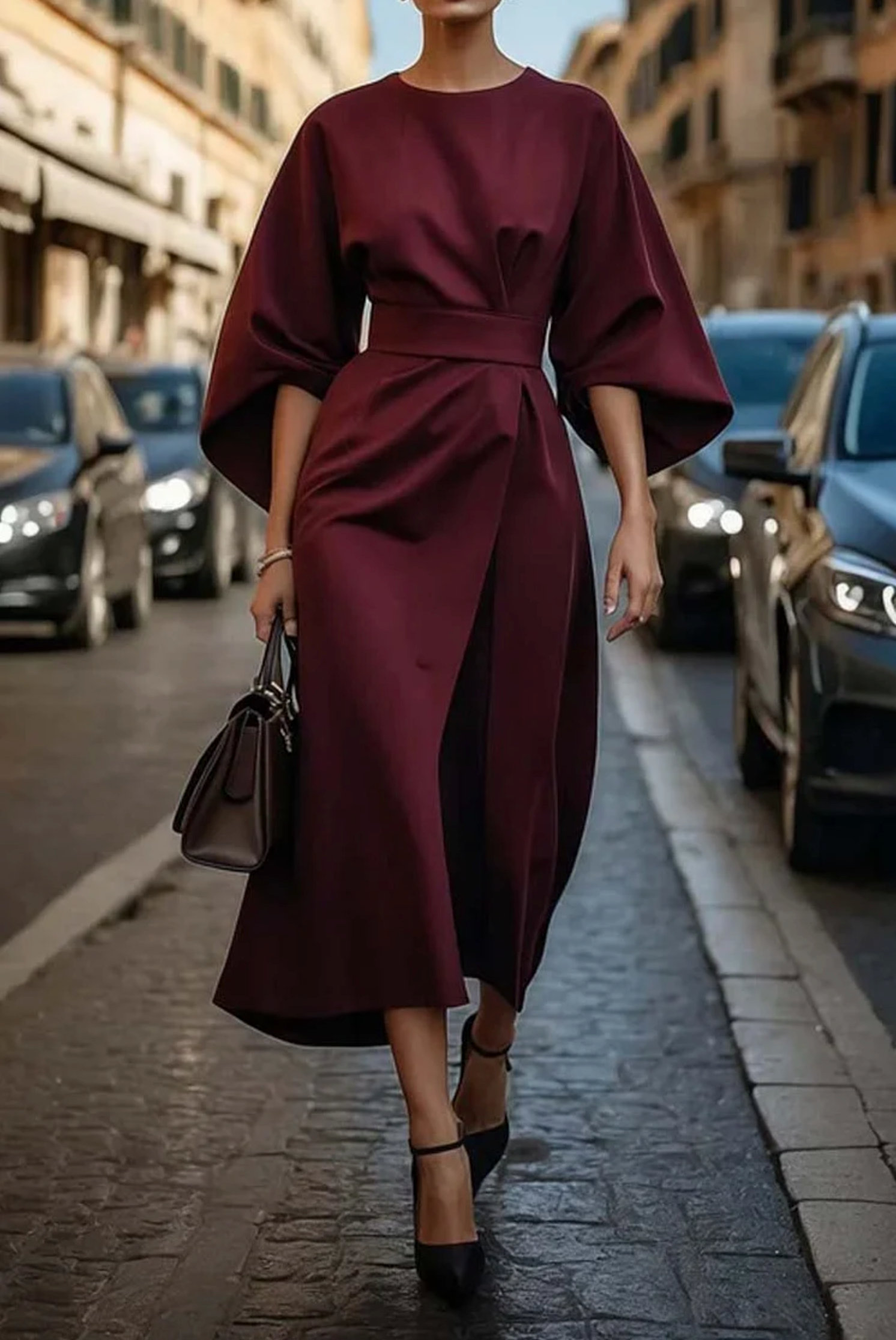Vestido Midi Formal Elegante de Manga Farol para Mujeres con Cinturón para Invitadas de Boda y Ocasiones – Grace