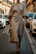 Vestido Midi Formal Elegante de Manga Farol para Mujeres con Cinturón para Invitadas de Boda y Ocasiones – Grace