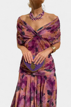 Vestido Midi Elegante de Mujer con Hombros Descubiertos, Cuerpo Drapado y Fruncido, Floral y Femenino – Lowenna