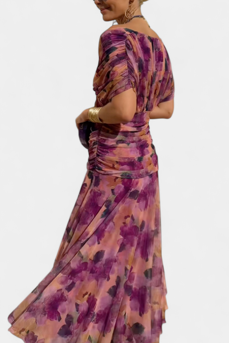 Vestido Midi Elegante de Mujer con Hombros Descubiertos, Cuerpo Drapado y Fruncido, Floral y Femenino – Lowenna