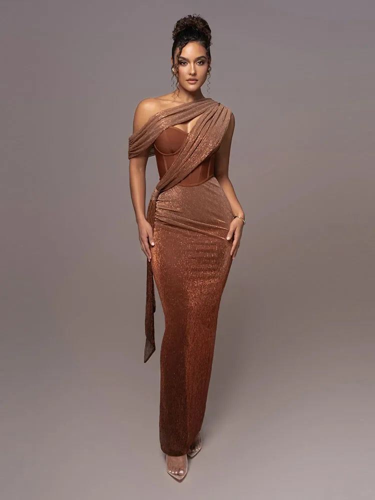Vestido Largo Esculpido de Una Sola Manga para Mujer Luxe Formal de Boda Gala de Noche Elegante – Agatha