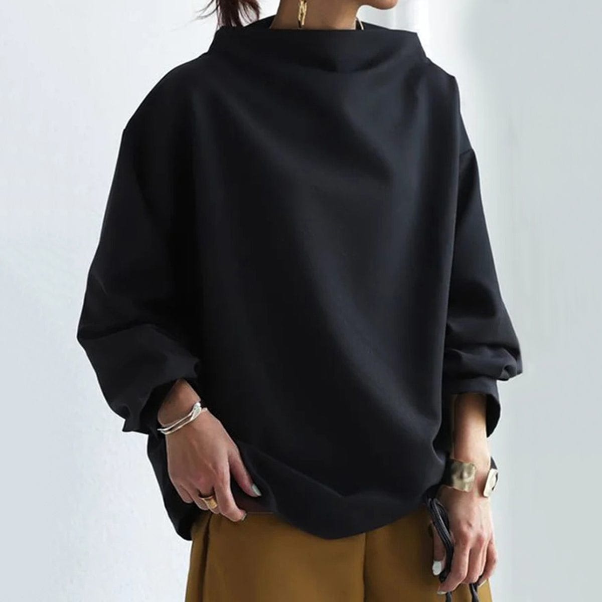 Top de Cuello Alto Sofisticado para Mujer Silueta Relajada de Manga Larga Casual Elegante – Renli
