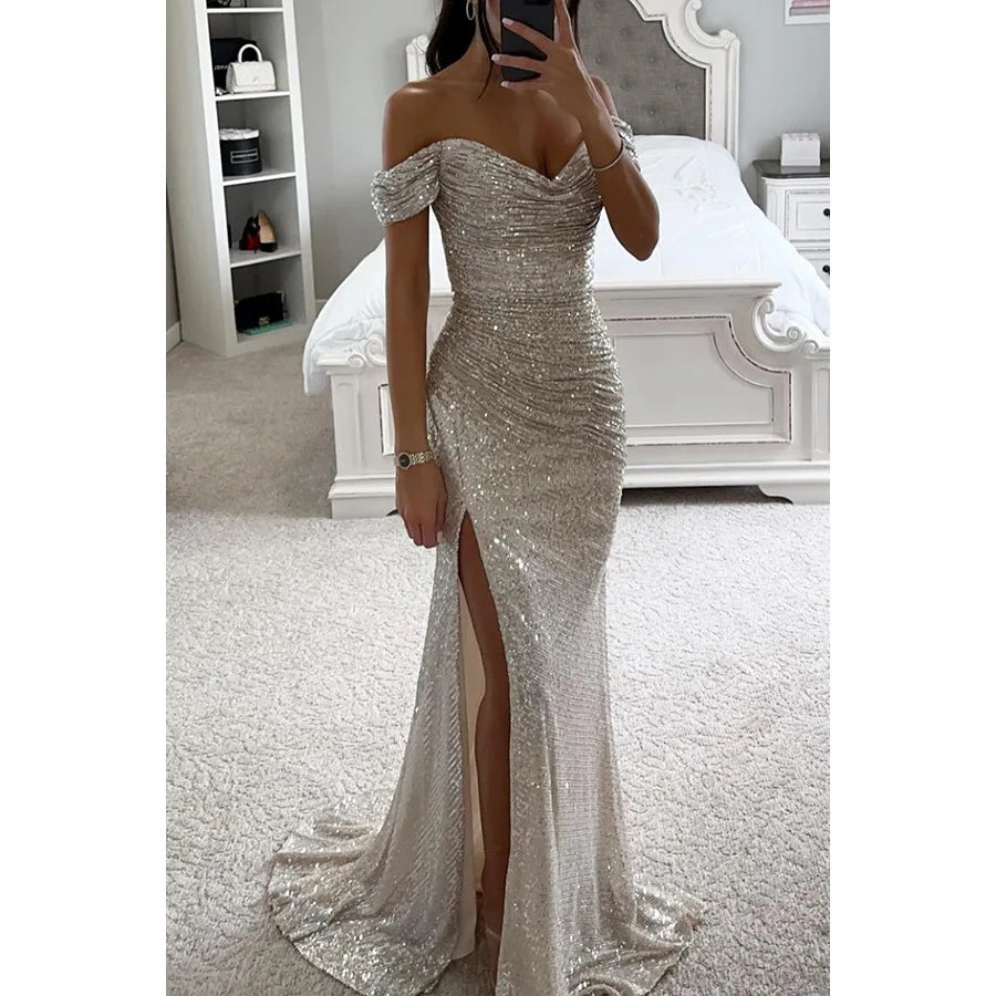 Vestido de Noche Largo de Lentejuelas sin Hombros para Mujeres con Abertura – Wensilian