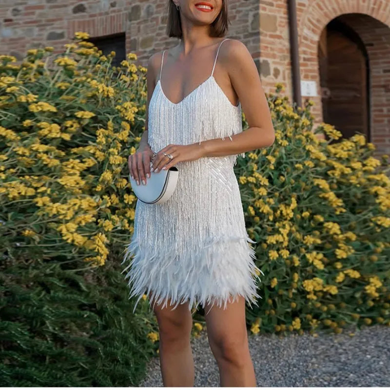 Vestido Mini Elegante de Lentejuelas con Plumas Rosas, Tirantes de Espagueti, Glamour para Cóctel, Noche de Fiesta