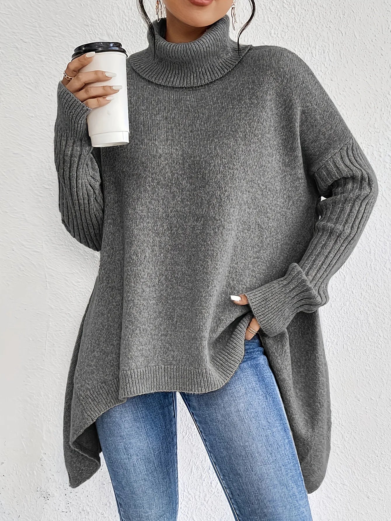 Suéter de Cachemira de Cuello Alto Oversized para Mujer, Suelto, Cálido, Suave, Tejido Casual para el Invierno – Ella