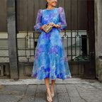 Vestido Midi Floral para Invitadas de Boda con Mangas Largas Transparentes, Fluido, Romántico, Elegante y Formal