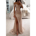 Vestido de Noche Largo de Lentejuelas sin Hombros para Mujeres con Abertura – Wensilian