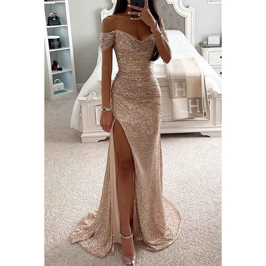 Vestido de Noche Largo de Lentejuelas sin Hombros para Mujeres con Abertura – Wensilian