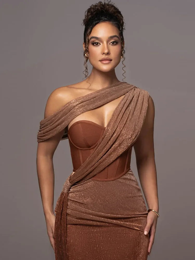 Vestido Largo Esculpido de Una Sola Manga para Mujer Luxe Formal de Boda Gala de Noche Elegante – Agatha
