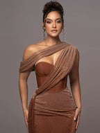 Vestido Largo Esculpido de Una Sola Manga para Mujer Luxe Formal de Boda Gala de Noche Elegante – Agatha