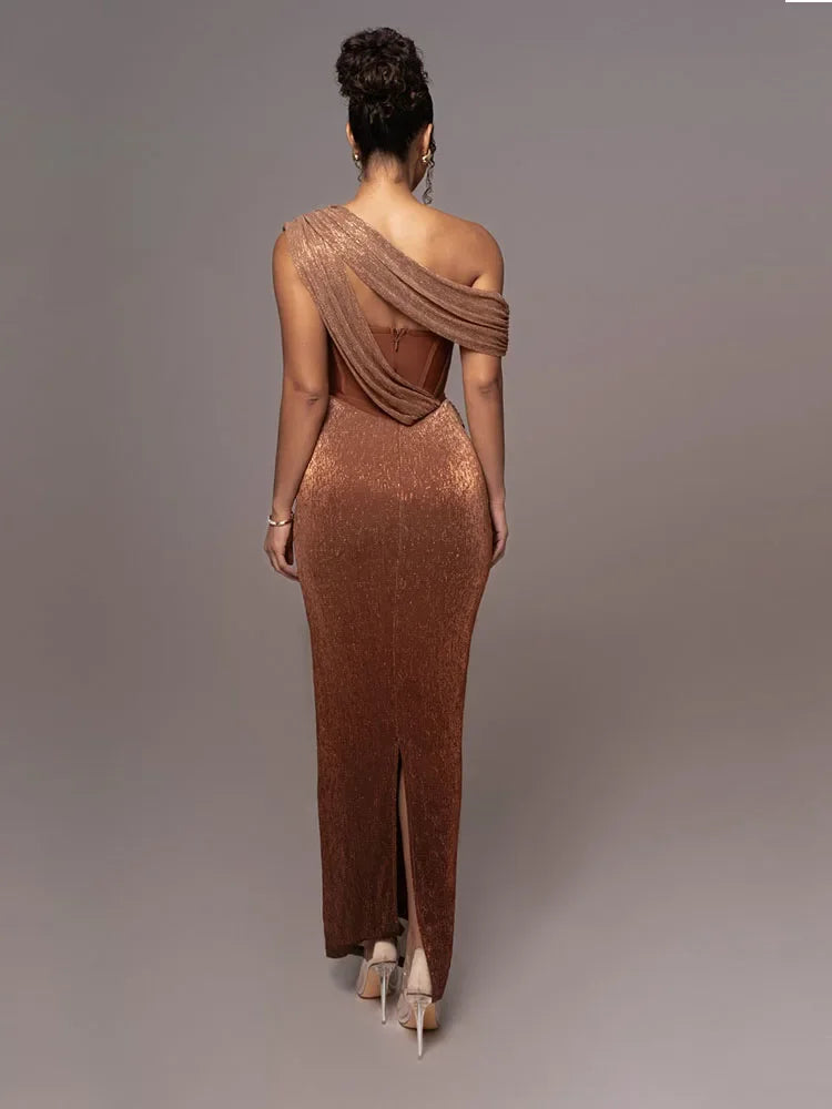 Vestido Largo Esculpido de Una Sola Manga para Mujer Luxe Formal de Boda Gala de Noche Elegante – Agatha