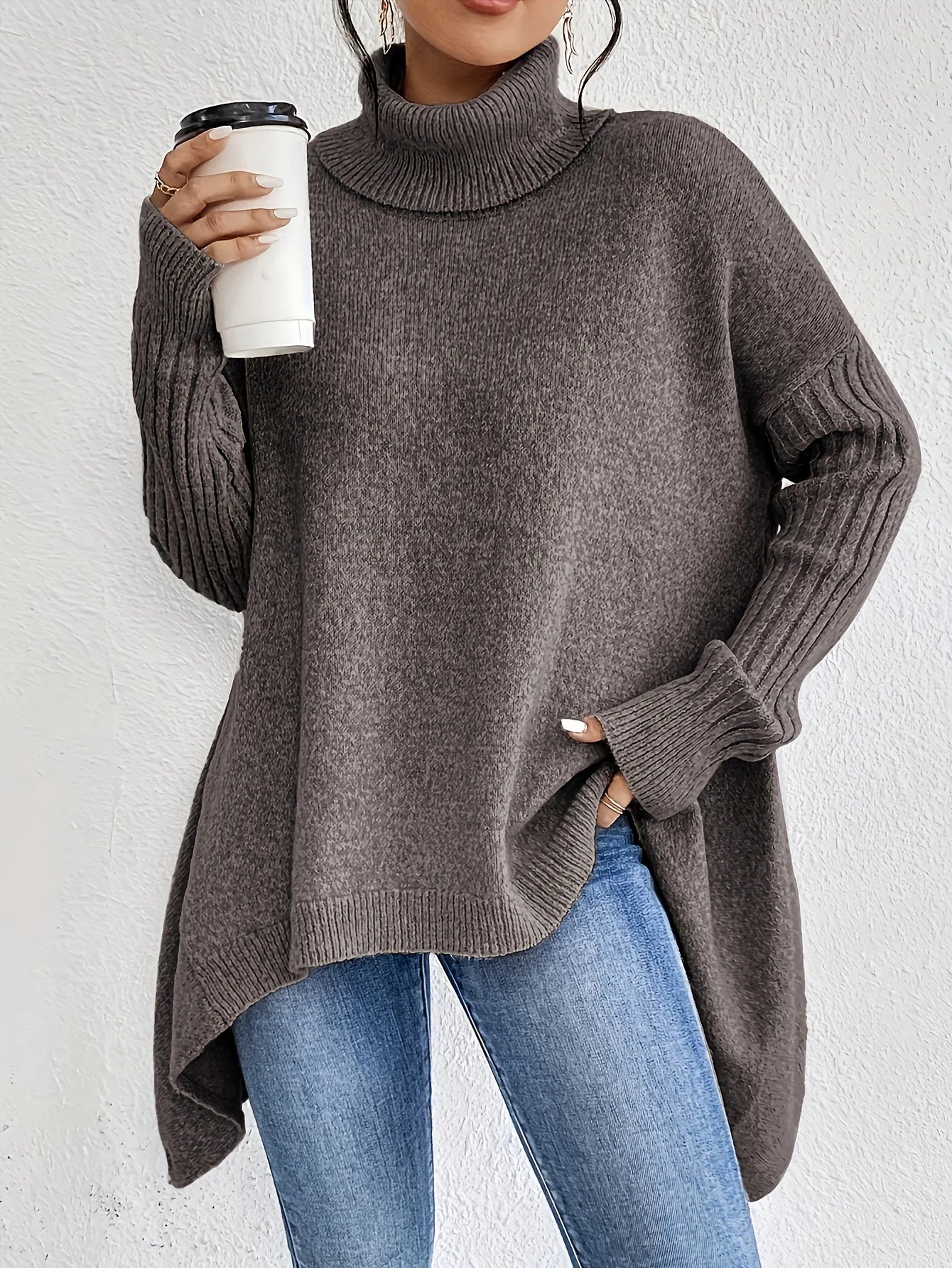 Suéter de Cachemira de Cuello Alto Oversized para Mujer, Suelto, Cálido, Suave, Tejido Casual para el Invierno – Ella