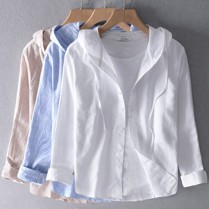 Blusa de Lino Transpirable para Mujer con Capucha, Botones y Corte Suelto – Blanca