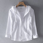 Blusa de Lino Transpirable para Mujer con Capucha, Botones y Corte Suelto – Blanca