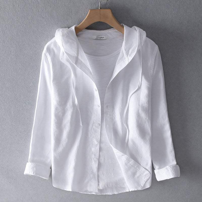 Blusa de Lino Transpirable para Mujer con Capucha, Botones y Corte Suelto – Blanca