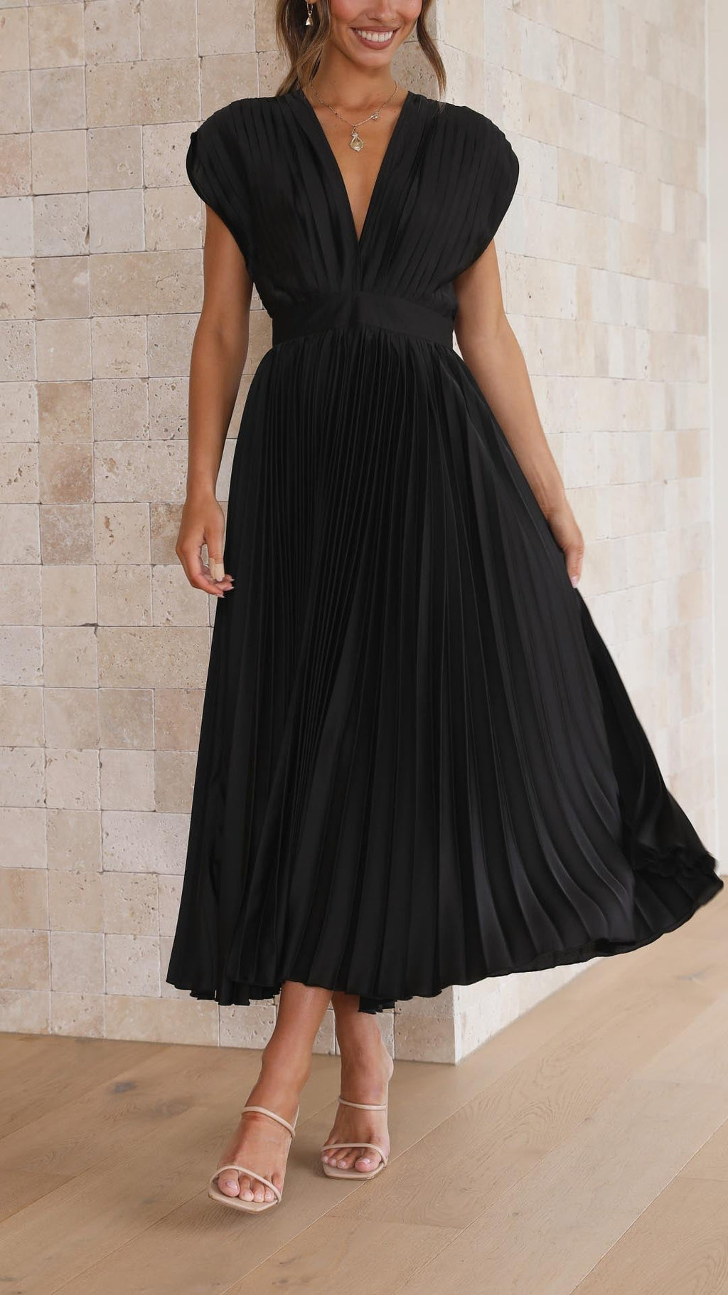 Vestido Midi Plisado Elegante para Mujer con Escote en V, Ideal para Bodas, Casual, Noche Formal – Maria