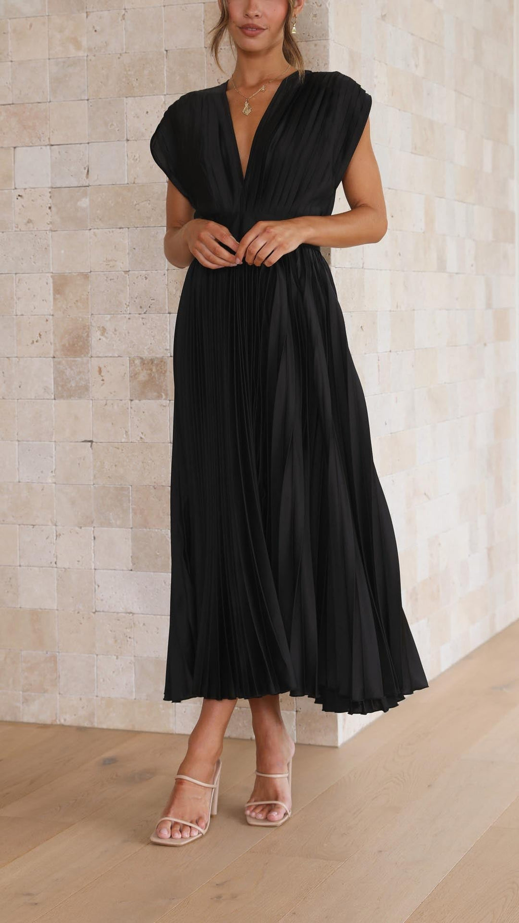 Vestido Midi Plisado Elegante para Mujer con Escote en V, Ideal para Bodas, Casual, Noche Formal – Maria