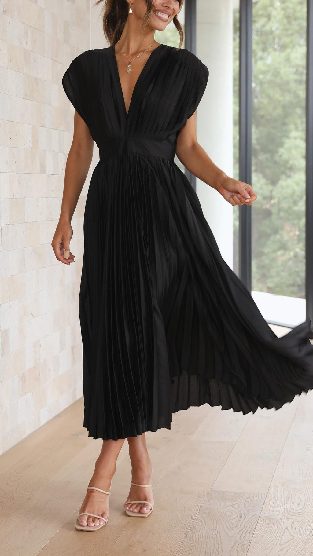 Vestido Midi Plisado Elegante para Mujer con Escote en V, Ideal para Bodas, Casual, Noche Formal – Maria
