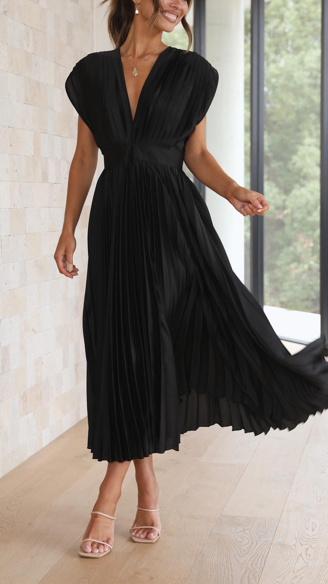 Vestido Midi Plisado Elegante para Mujer con Escote en V, Ideal para Bodas, Casual, Noche Formal – Maria