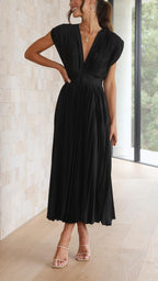 Vestido Midi Plisado Elegante para Mujer con Escote en V, Ideal para Bodas, Casual, Noche Formal – Maria