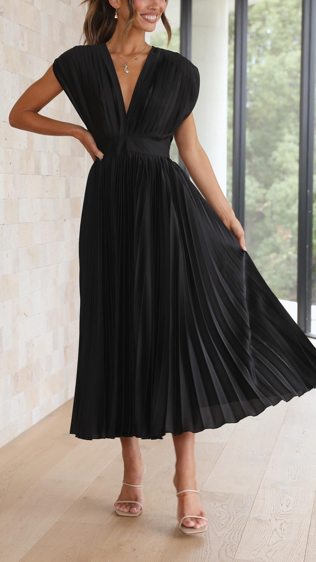 Vestido Midi Plisado Elegante para Mujer con Escote en V, Ideal para Bodas, Casual, Noche Formal – Maria