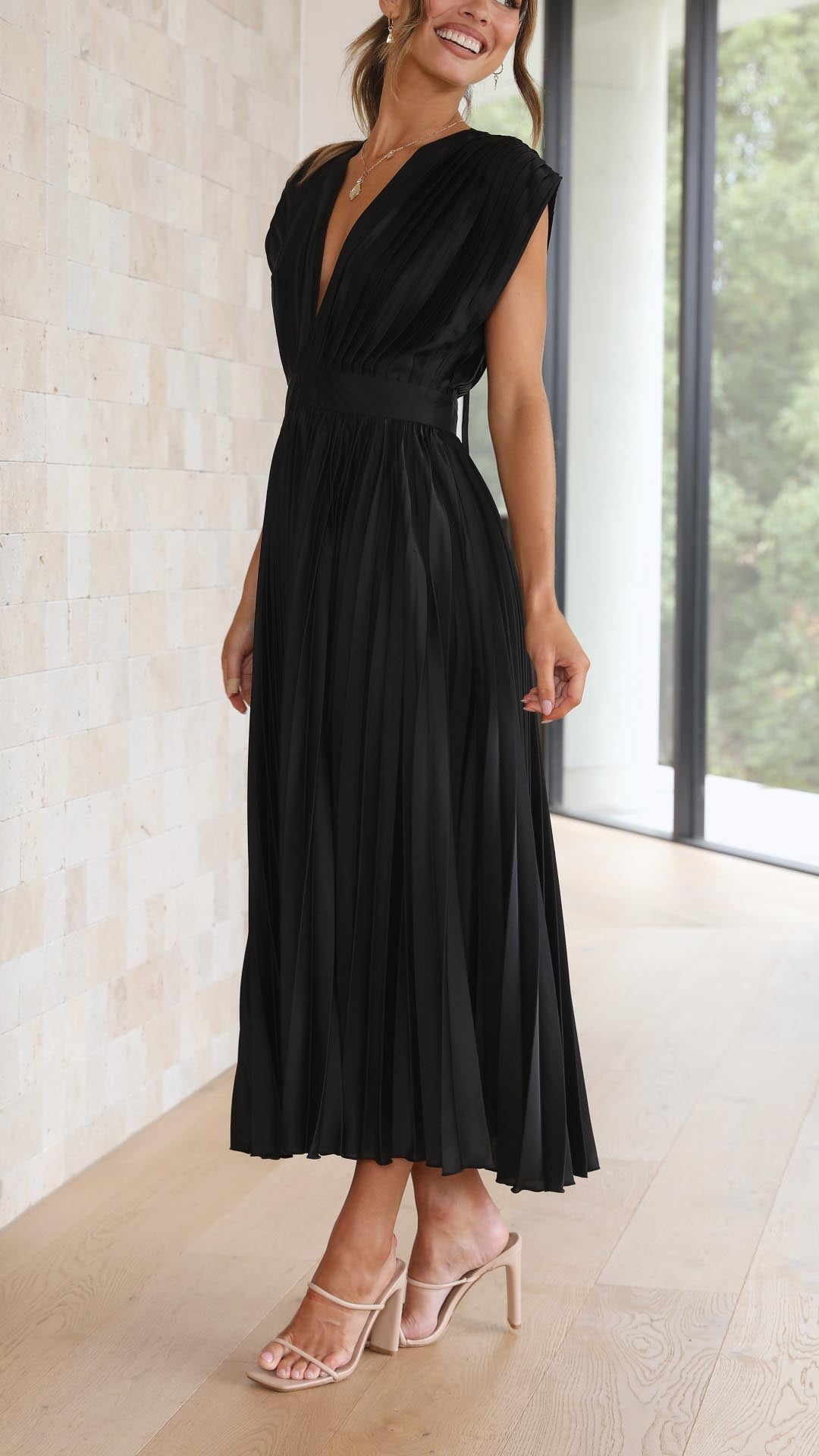 Vestido Midi Plisado Elegante para Mujer con Escote en V, Ideal para Bodas, Casual, Noche Formal – Maria