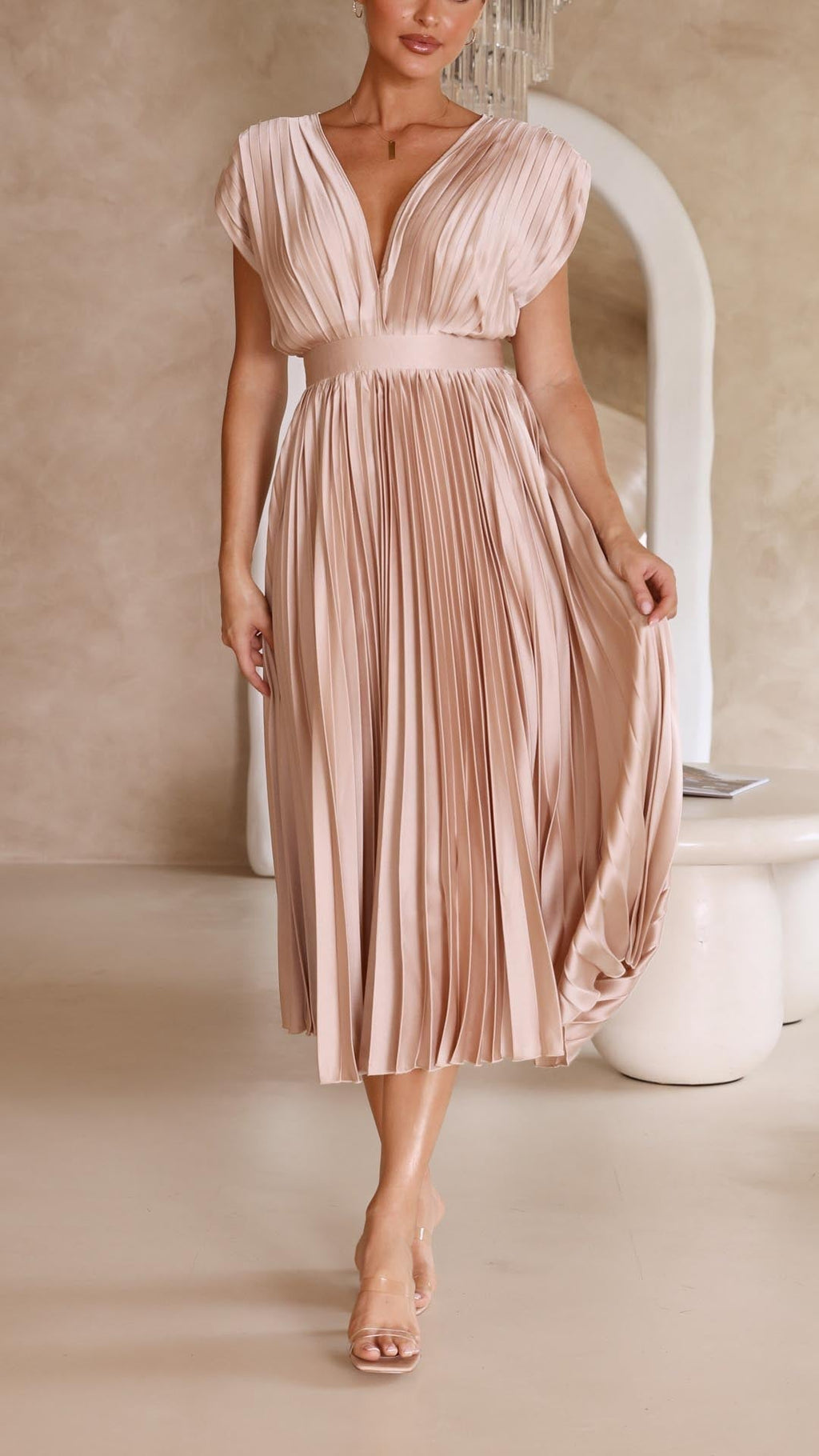 Vestido Midi Plisado Elegante para Mujer con Escote en V, Ideal para Bodas, Casual, Noche Formal – Maria