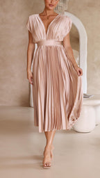 Vestido Midi Plisado Elegante para Mujer con Escote en V, Ideal para Bodas, Casual, Noche Formal – Maria