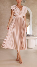 Vestido Midi Plisado Elegante para Mujer con Escote en V, Ideal para Bodas, Casual, Noche Formal – Maria
