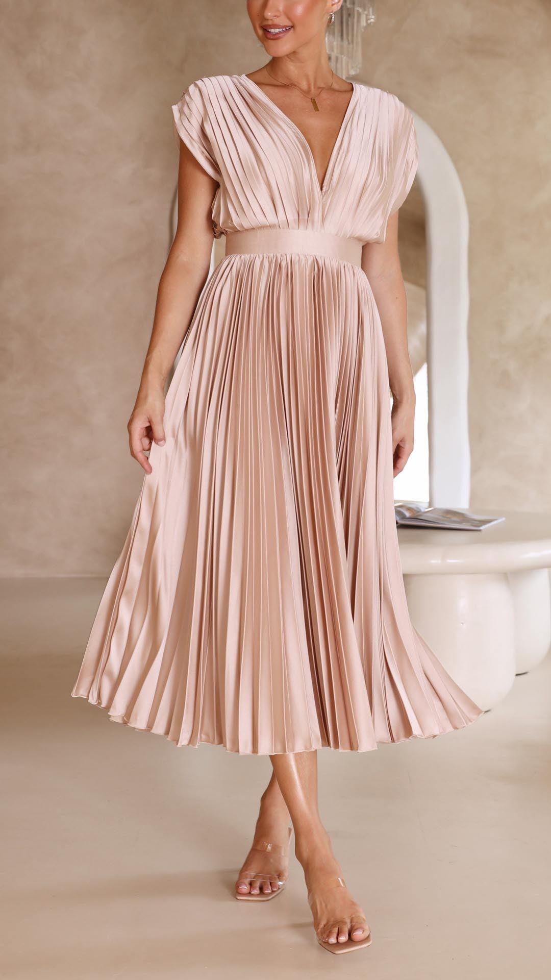 Vestido Midi Plisado Elegante para Mujer con Escote en V, Ideal para Bodas, Casual, Noche Formal – Maria